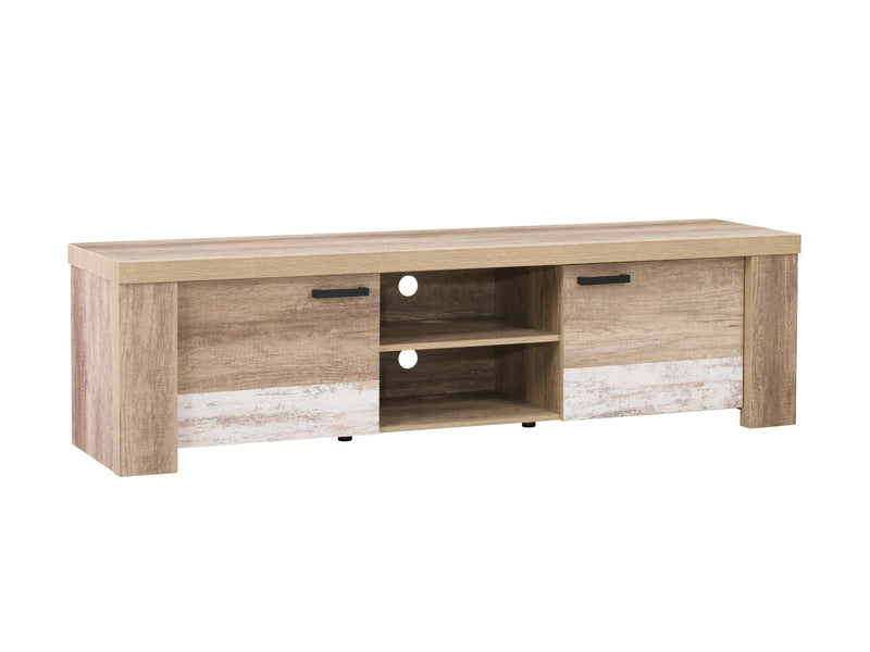 distressed warm beige white duotone Modern TV Stand with Doors for TVs up to 85" Joliet Collection product image by CorLiving