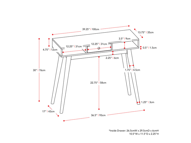 white Mid Century Desk Acerra Collection measurements diagram by CorLiving