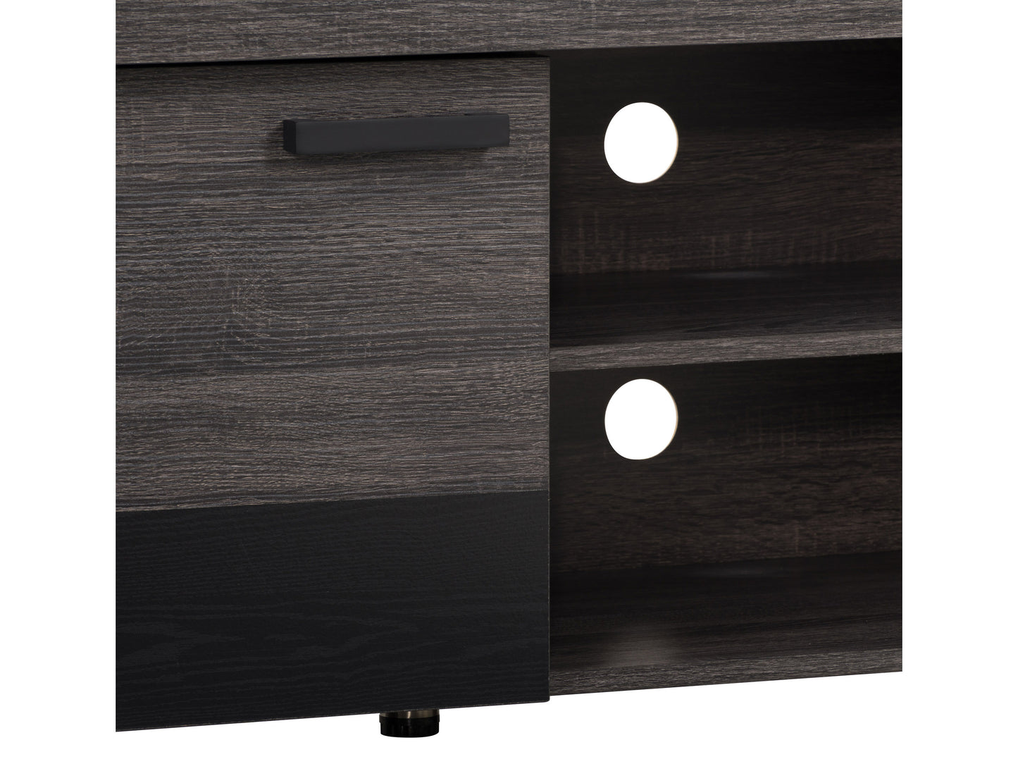 Modern wooden TV stand with walnut finish, sleek black metal legs, and open shelving for storage.