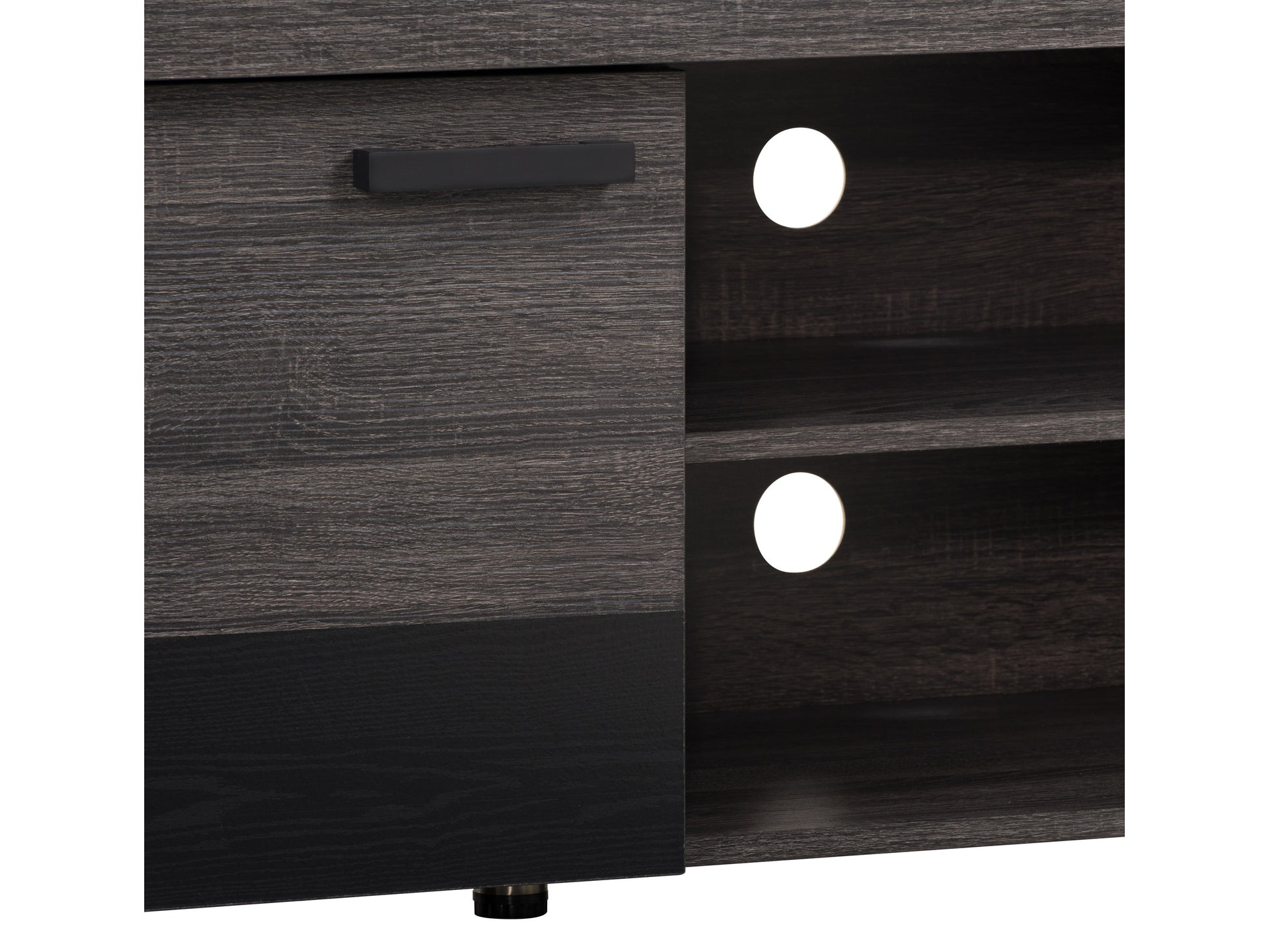 Modern wooden TV stand with walnut finish, sleek black metal legs, and open shelving for storage.