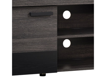 Modern wooden TV stand with walnut finish, sleek black metal legs, and open shelving for storage.