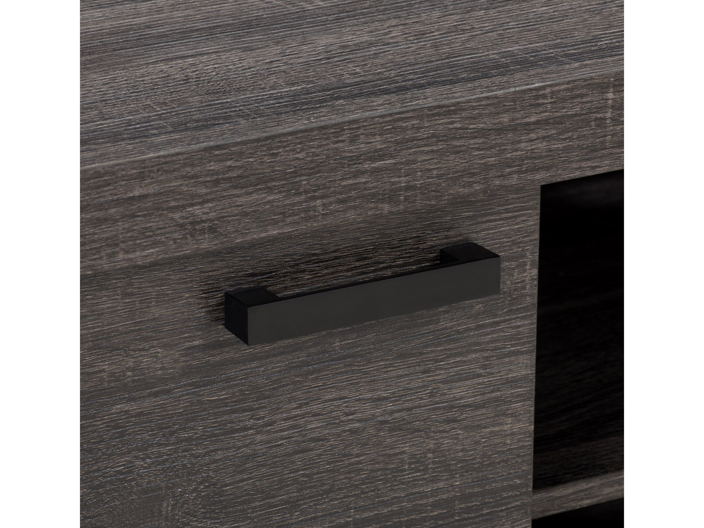 Modern TV stand with two-tone wood finish, featuring sleek black doors, open shelving for storage, and designed to hold TVs up to 95 inches.