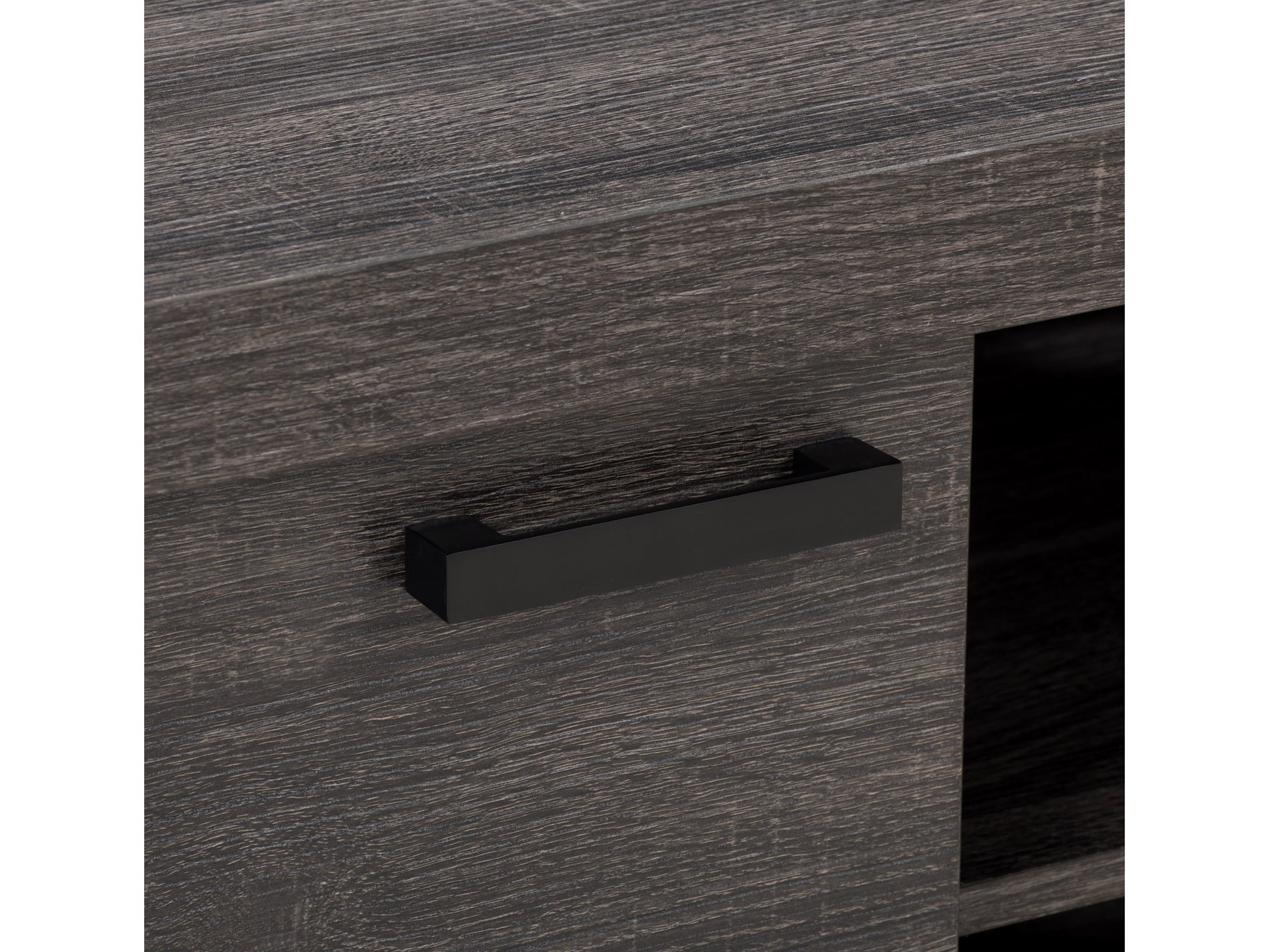 Modern TV stand with two-tone wood finish, featuring sleek black doors, open shelving for storage, and designed to hold TVs up to 95 inches.