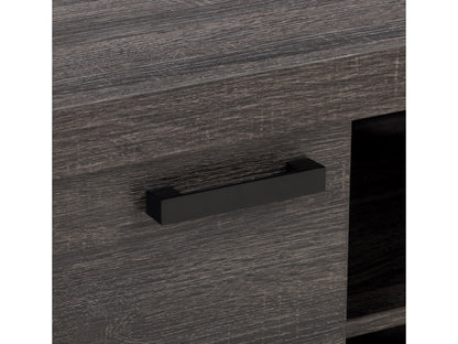 Modern TV stand with two-tone wood finish, featuring sleek black doors, open shelving for storage, and designed to hold TVs up to 95 inches.
