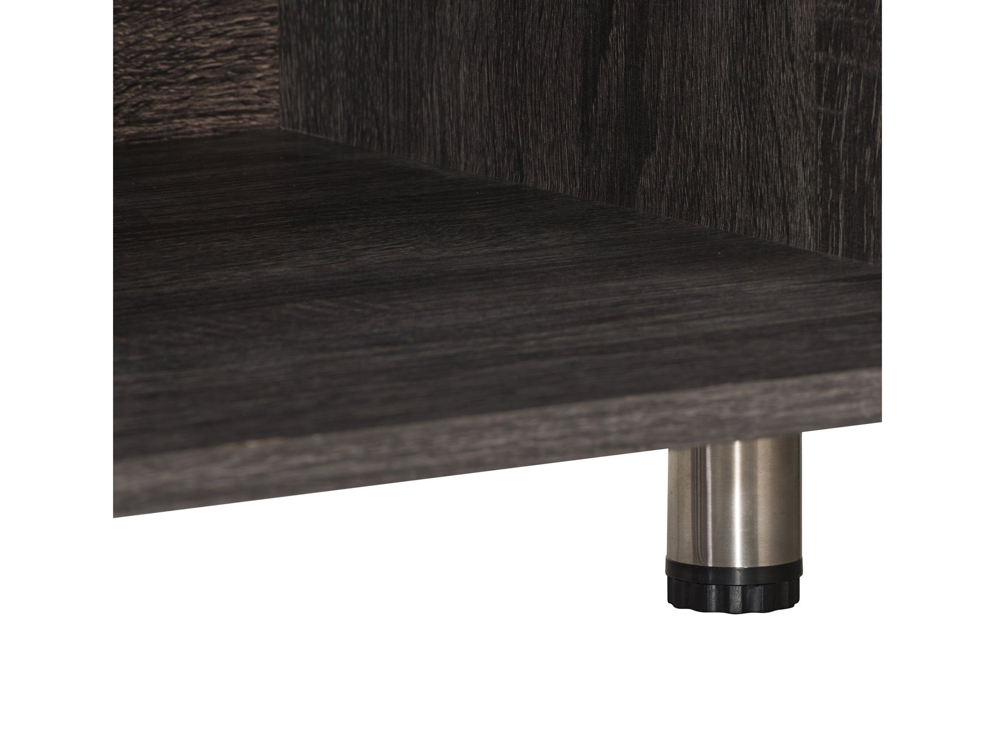 Modern TV stand with walnut finish, sleek black metal legs, and open shelving. Features two sliding doors with a textured, slatted design for concealed storage. Ideal for contemporary living rooms.