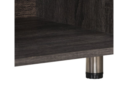Modern TV stand with walnut finish, sleek black metal legs, and open shelving. Features two sliding doors with a textured, slatted design for concealed storage. Ideal for contemporary living rooms.
