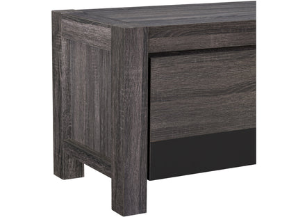 Modern wooden TV stand with open shelving, sleek white finish, and natural wood accents. Features cable management holes and sturdy construction, perfect for contemporary living rooms.