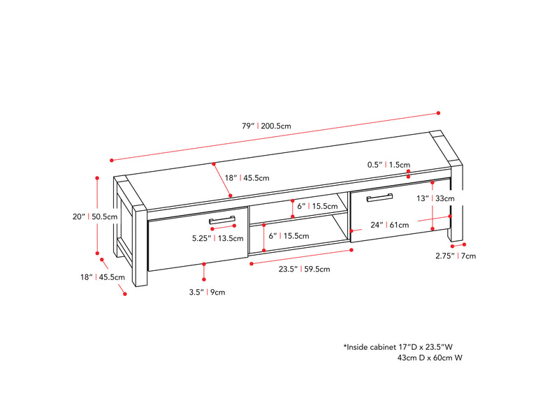 distressed carbon grey black duotone Modern TV Stand with Doors for TVs up to 95" Joliet Collection measurements diagram by CorLiving