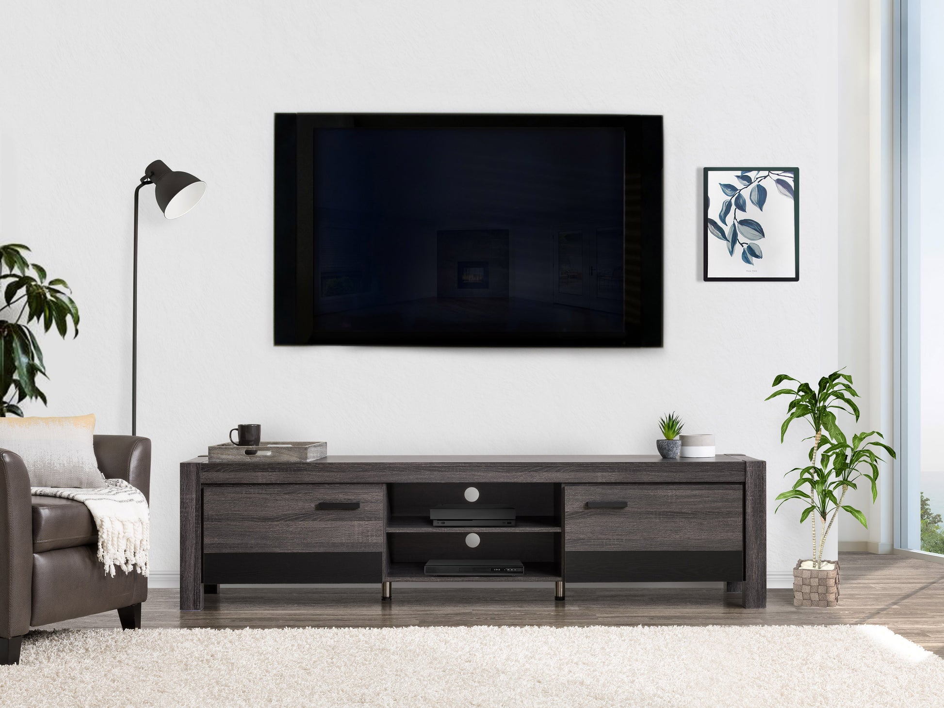 Modern TV stand with doors for TVs up to 95 inches, featuring a sleek black finish, wood grain texture, spacious storage compartments, and minimalist design. Ideal for contemporary living rooms.