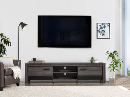 Modern TV stand with doors for TVs up to 95 inches, featuring a sleek black finish, wood grain texture, spacious storage compartments, and minimalist design. Ideal for contemporary living rooms.
