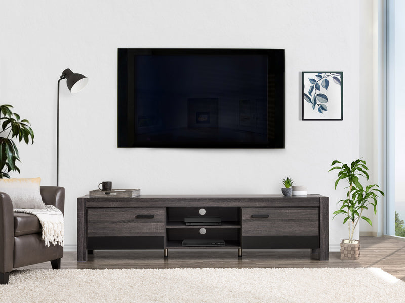 distressed carbon grey black duotone Modern TV Stand with Doors for TVs up to 95" Joliet Collection lifestyle scene by CorLiving