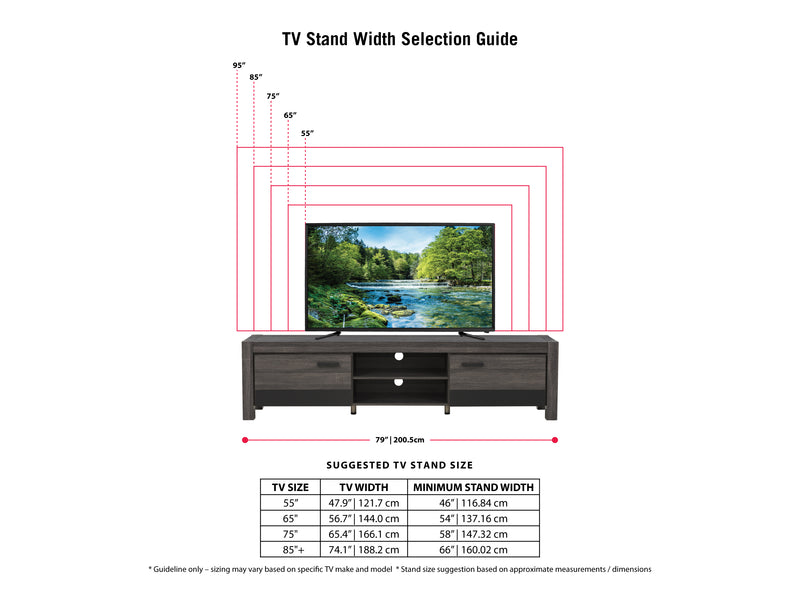 distressed carbon grey black duotone Modern TV Stand with Doors for TVs up to 95" Joliet Collection infographic by CorLiving