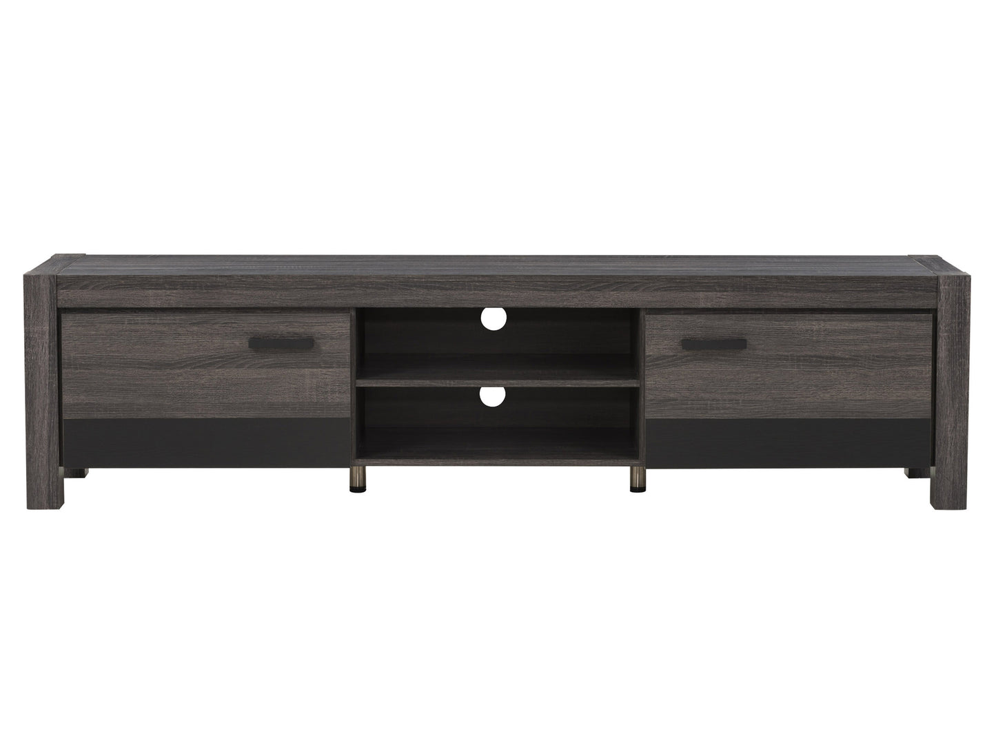 Modern wooden TV stand with four storage compartments, sleek black metal legs, and a smooth walnut finish. Ideal for contemporary living rooms, offering ample space for media devices and decor.