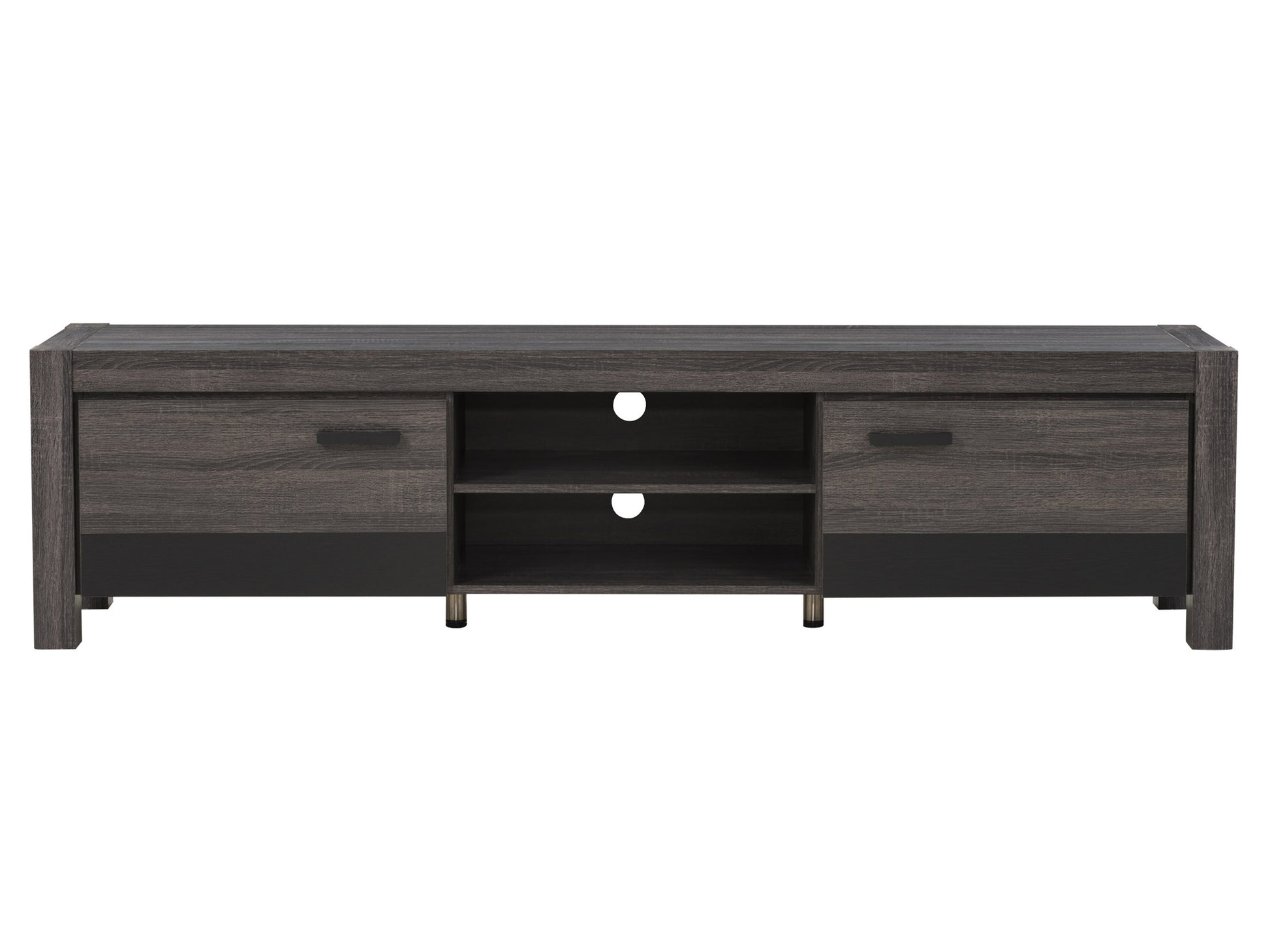 Modern wooden TV stand with four storage compartments, sleek black metal legs, and a smooth walnut finish. Ideal for contemporary living rooms, offering ample space for media devices and decor.