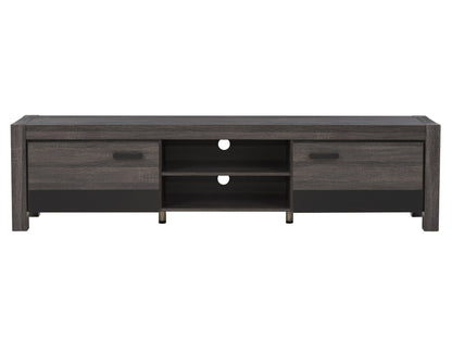 Modern wooden TV stand with four storage compartments, sleek black metal legs, and a smooth walnut finish. Ideal for contemporary living rooms, offering ample space for media devices and decor.