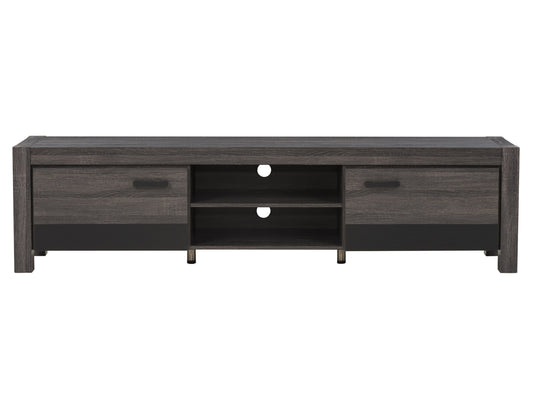 Modern wooden TV stand with four storage compartments, sleek black metal legs, and a smooth walnut finish. Ideal for contemporary living rooms, offering ample space for media devices and decor.