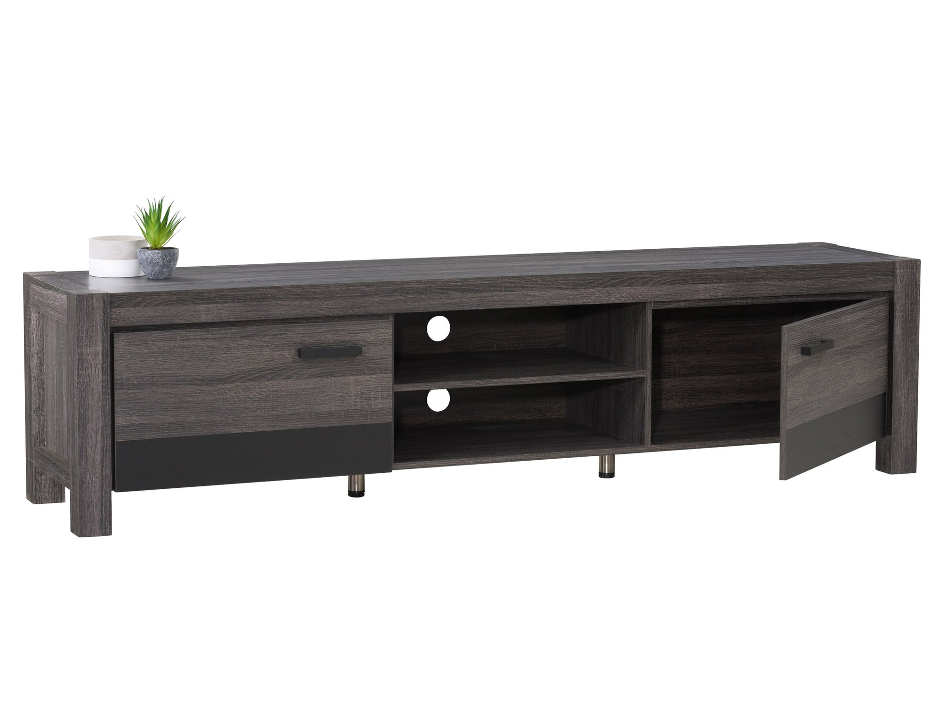 Modern TV stand for TVs up to 95 inches, featuring a sleek white and walnut finish, two sliding doors with a textured wood grain pattern, and sturdy metal legs for a contemporary living room setup.