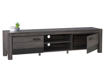 Modern TV stand for TVs up to 95 inches, featuring a sleek white and walnut finish, two sliding doors with a textured wood grain pattern, and sturdy metal legs for a contemporary living room setup.
