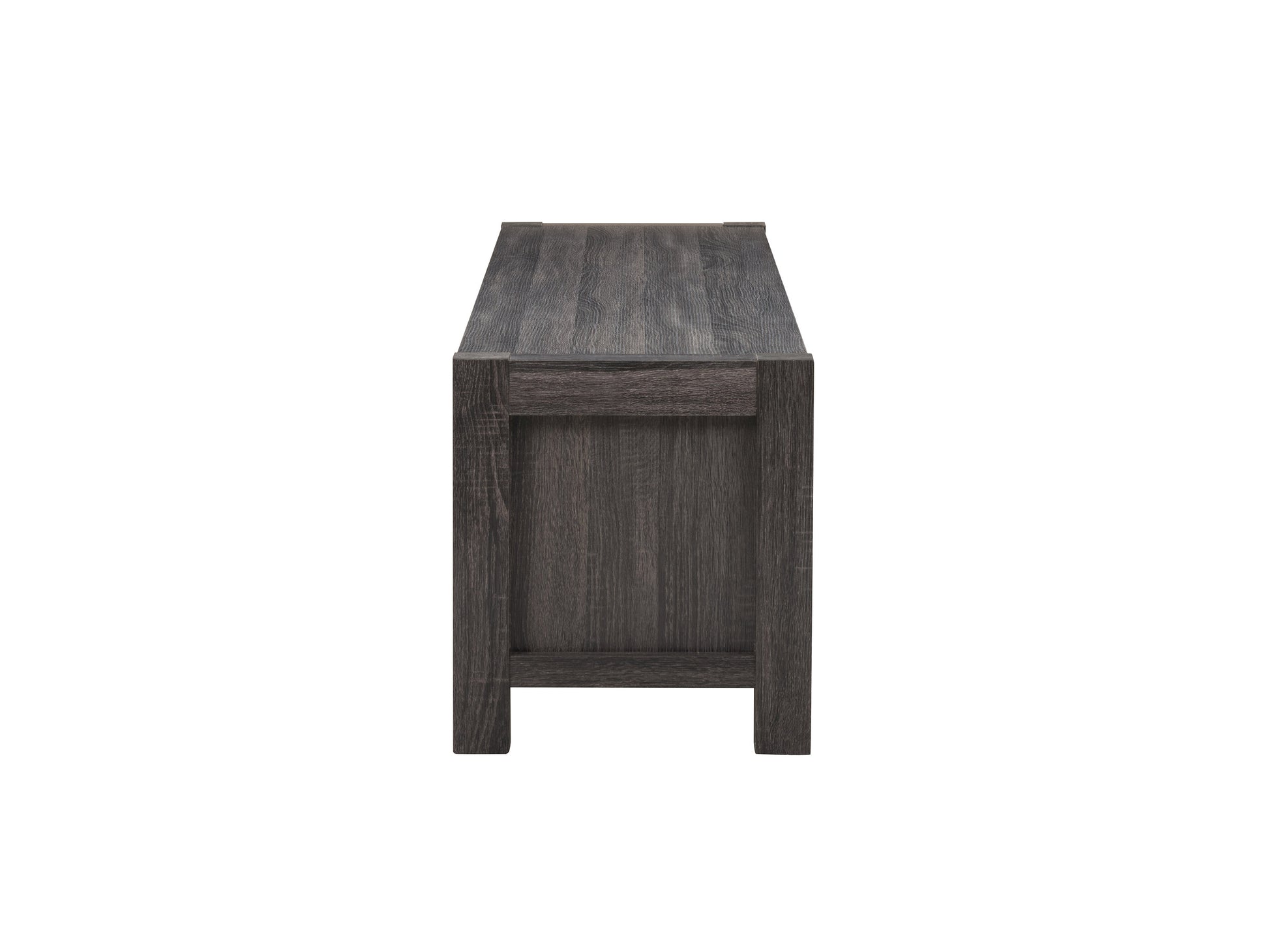 Modern wooden TV stand with sleek black metal frame, featuring two spacious open shelves and a warm walnut finish, perfect for contemporary living rooms and media storage.