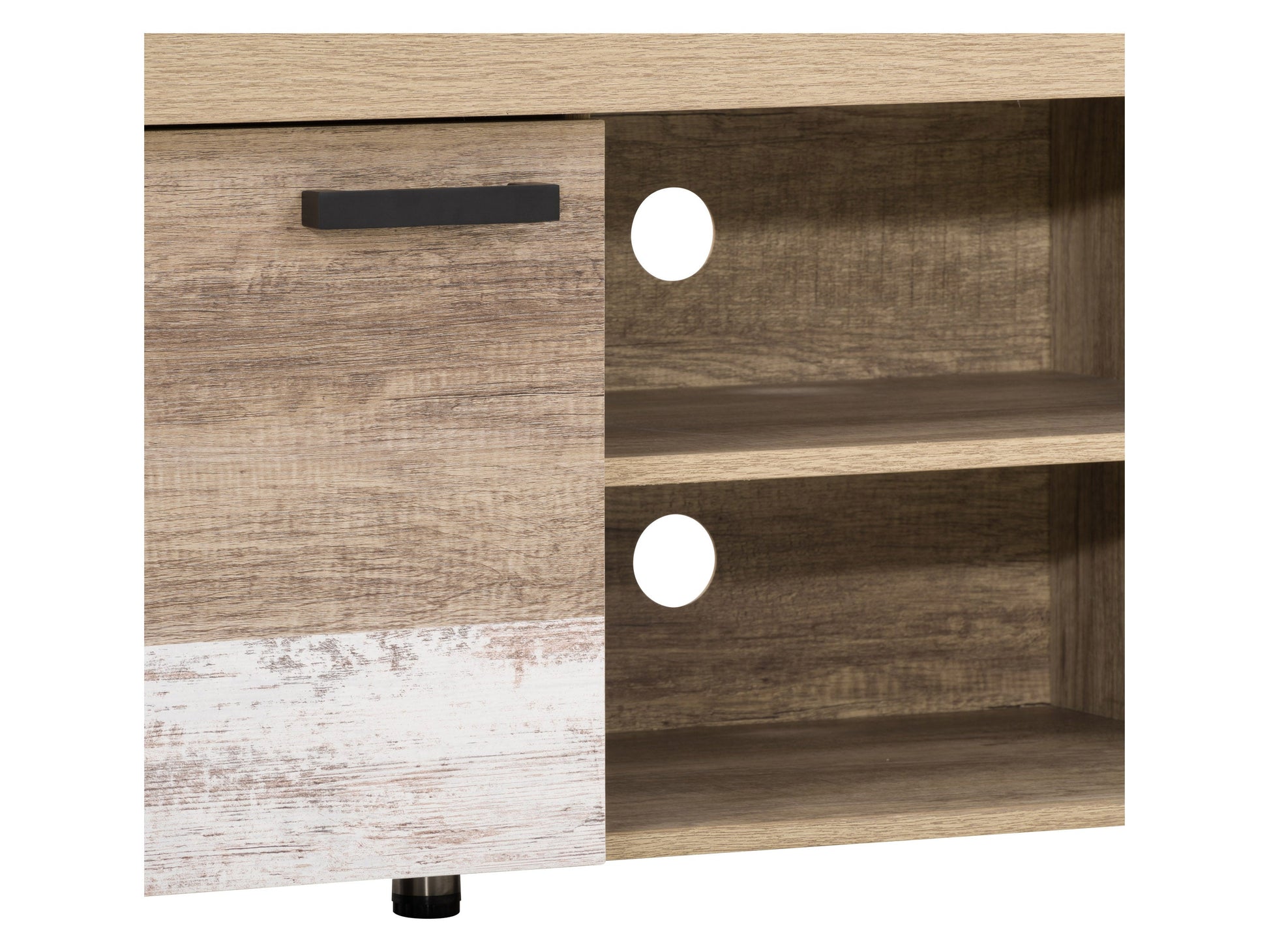 Modern TV stand for TVs up to 95 inches, featuring a sleek black finish, walnut wood accents, and dual doors with a textured pattern for stylish storage.