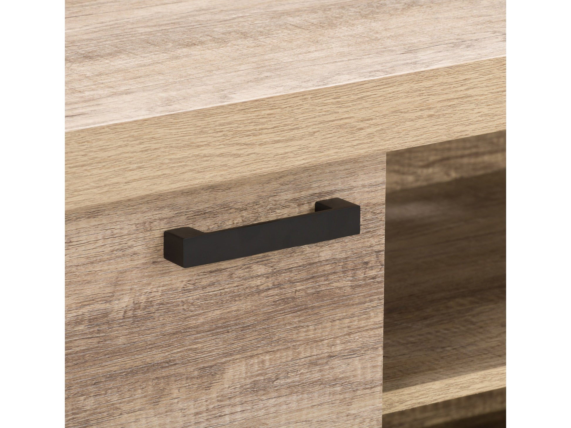 Modern TV stand with open shelves, sleek black and brown finish, and sturdy metal legs. Features cable management system and ample storage space for electronics and decor.