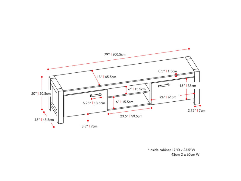 distressed warm beige white duotone Modern TV Stand with Doors for TVs up to 95" Joliet Collection measurements diagram by CorLiving