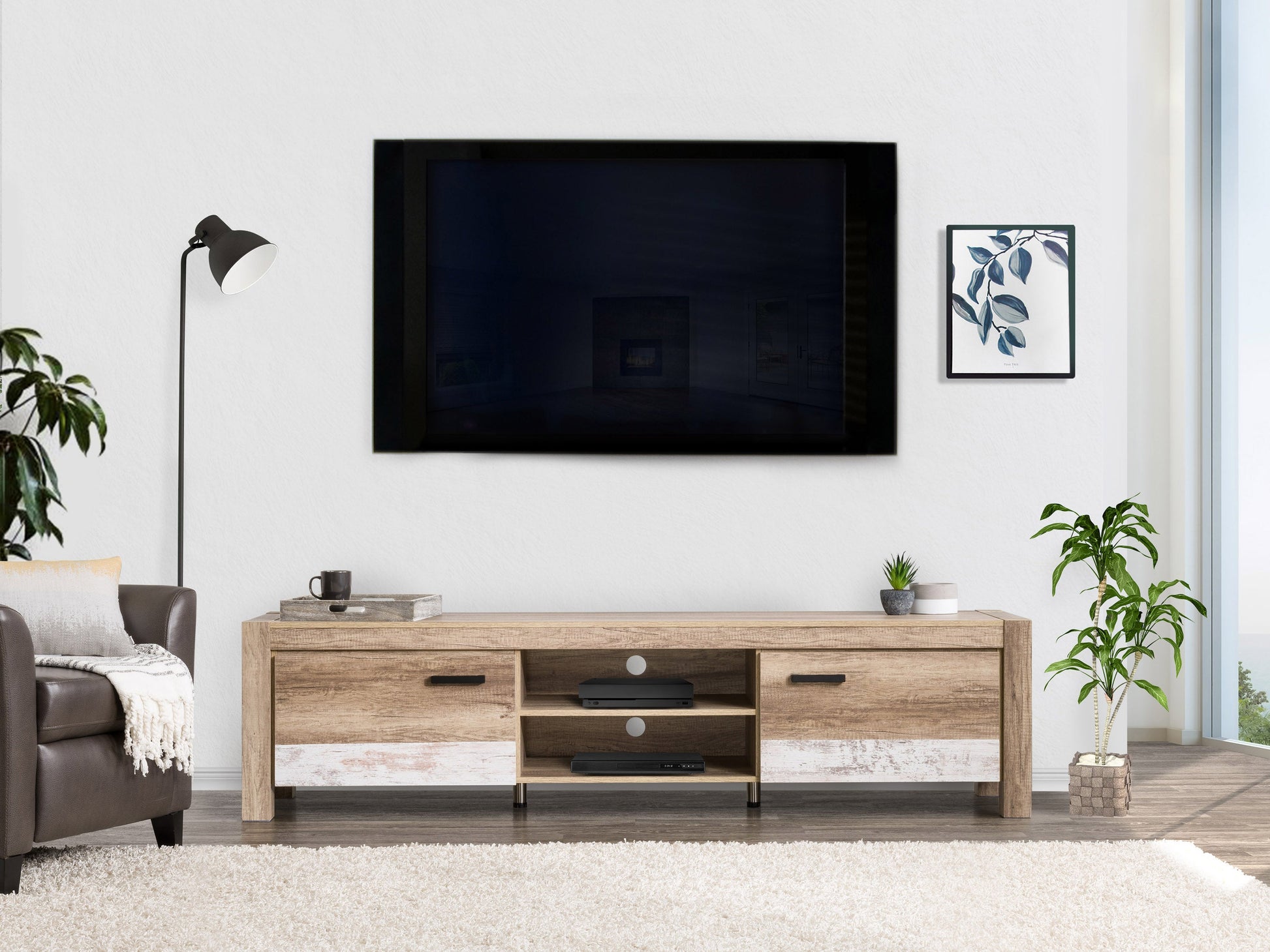 Modern wooden TV stand with two open shelves and two cabinets, featuring a dark walnut finish and sleek black metal legs. Ideal for contemporary living rooms and providing ample storage for media devices.