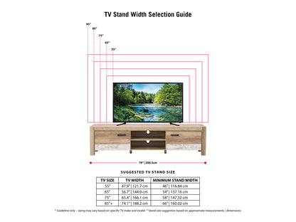 Modern wooden TV stand with natural oak finish, black metal legs, and open shelving. Features two closed cabinets for storage and a minimalist design, perfect for contemporary living rooms.