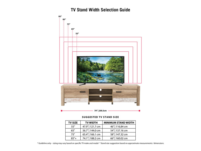distressed warm beige white duotone Modern TV Stand with Doors for TVs up to 95" Joliet Collection infographic by CorLiving