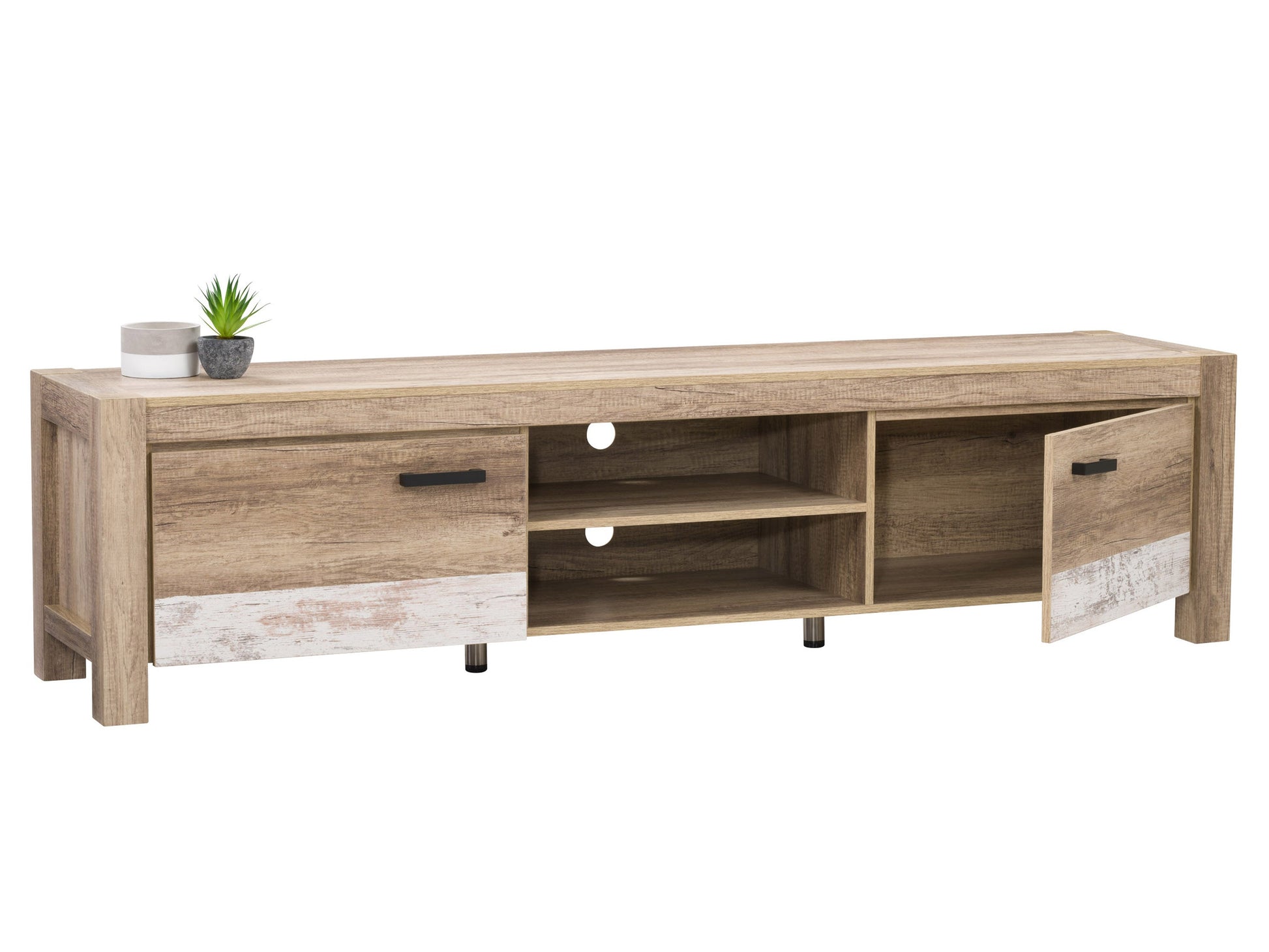 Modern TV stand with a sleek black wood finish, two spacious cabinets, and open shelving. Features a minimalist design with clean lines and metal handles, perfect for contemporary living rooms.