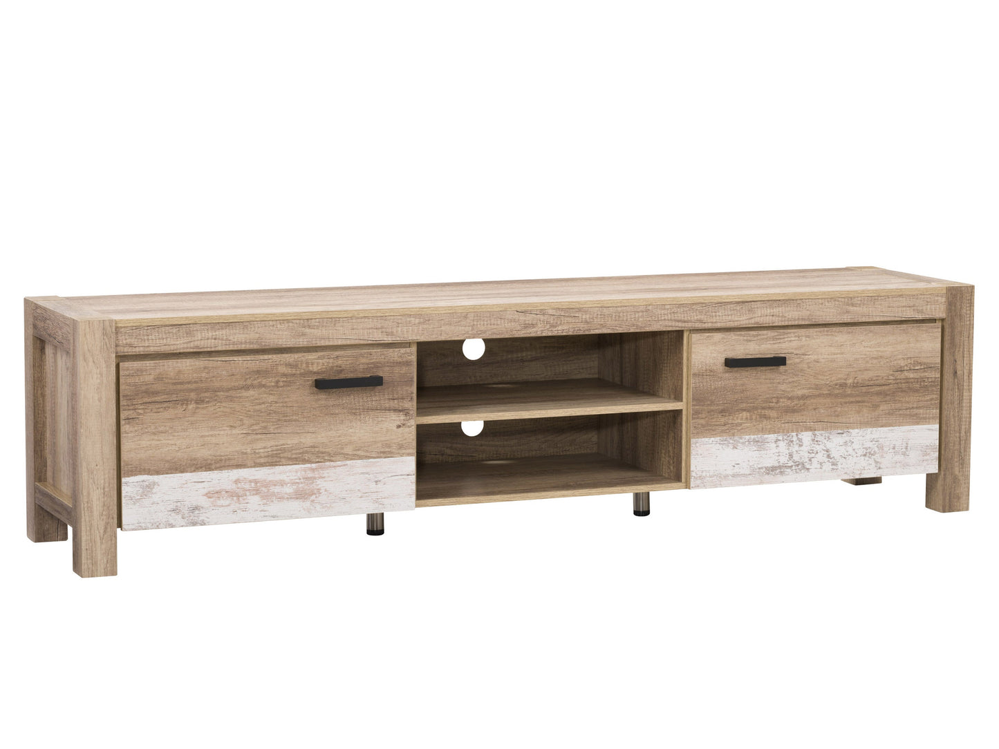 Modern TV stand with white glossy finish, wood accents, and open shelving. Features sleek design, ample storage space, and cable management system. Ideal for contemporary living rooms.