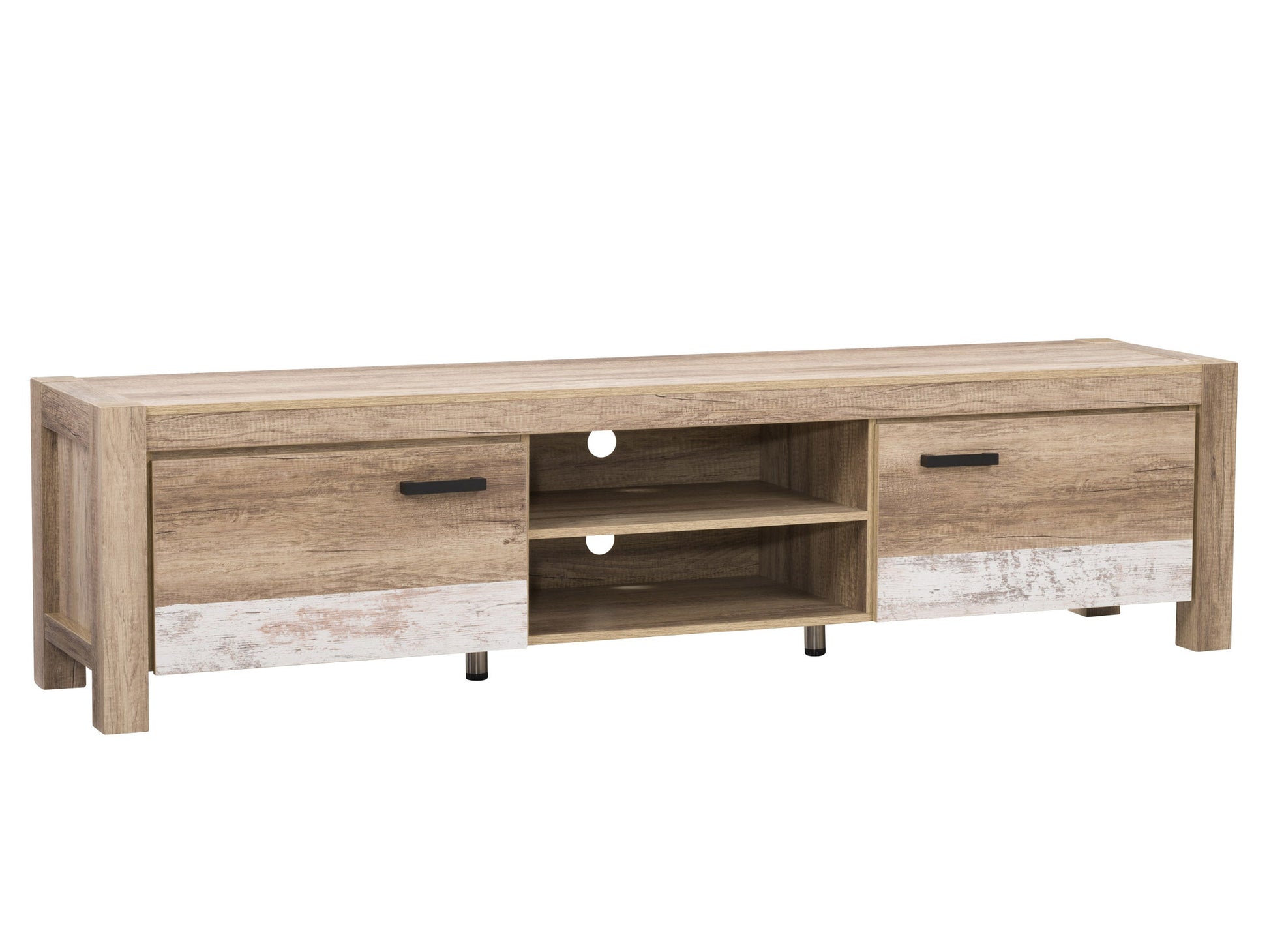 Modern TV stand with white glossy finish, wood accents, and open shelving. Features sleek design, ample storage space, and cable management system. Ideal for contemporary living rooms.
