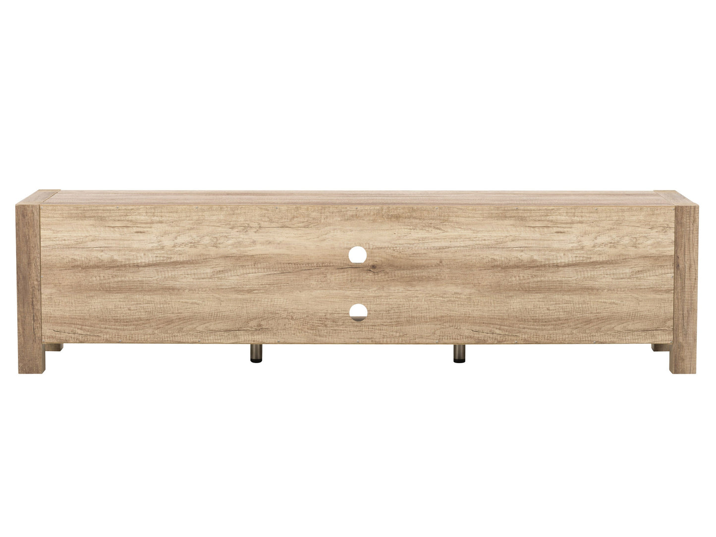 Modern TV stand for TVs up to 95 inches, featuring a sleek white finish with natural wood accents, two sliding doors, and open shelving for storage. Made from high-quality wood and metal for durability and style.
