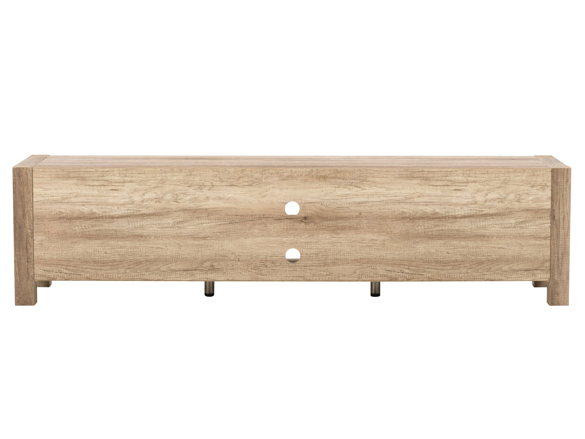 Modern TV stand for TVs up to 95 inches, featuring a sleek white finish with natural wood accents, two sliding doors, and open shelving for storage. Made from high-quality wood and metal for durability and style.