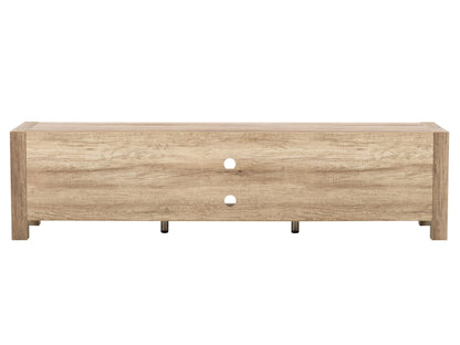 Modern TV stand for TVs up to 95 inches, featuring a sleek white finish with natural wood accents, two sliding doors, and open shelving for storage. Made from high-quality wood and metal for durability and style.