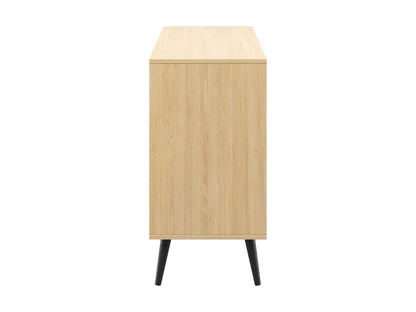 Modern wooden sideboard in oak finish with black metal legs, featuring two spacious cabinets and three drawers with sleek handles, perfect for contemporary living rooms or dining areas.