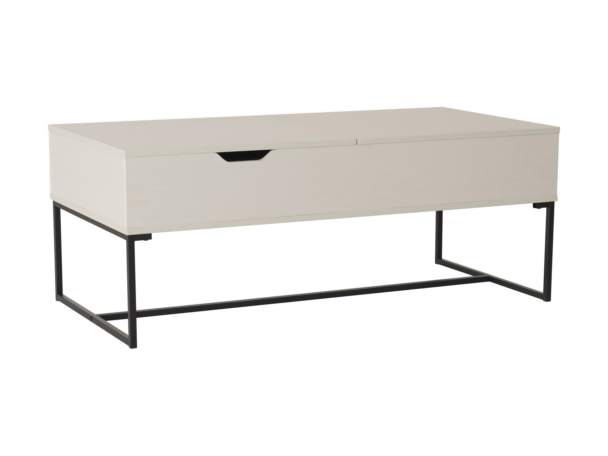 Modern rectangular coffee table with light wood finish, black metal frame, and lower shelf for storage. Ideal for contemporary living rooms, combining minimalist design with practical functionality.