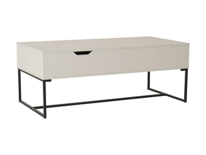 Modern rectangular coffee table with light wood finish, black metal frame, and lower shelf for storage. Ideal for contemporary living rooms, combining minimalist design with practical functionality.