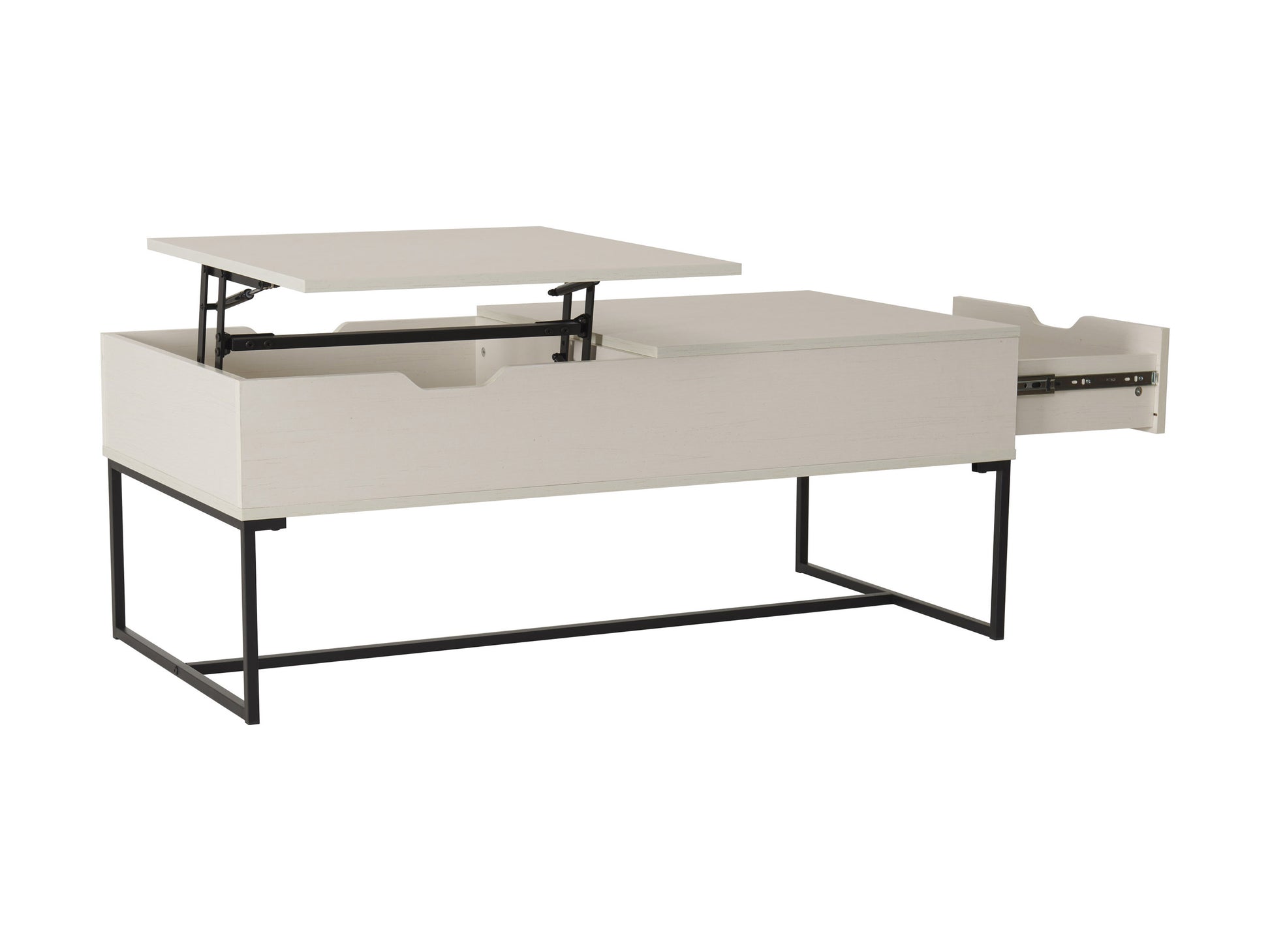 White lift top coffee table with sleek design, storage compartment, and metal legs; modern furniture piece for living room or office, ideal for small spaces and minimalist decor.