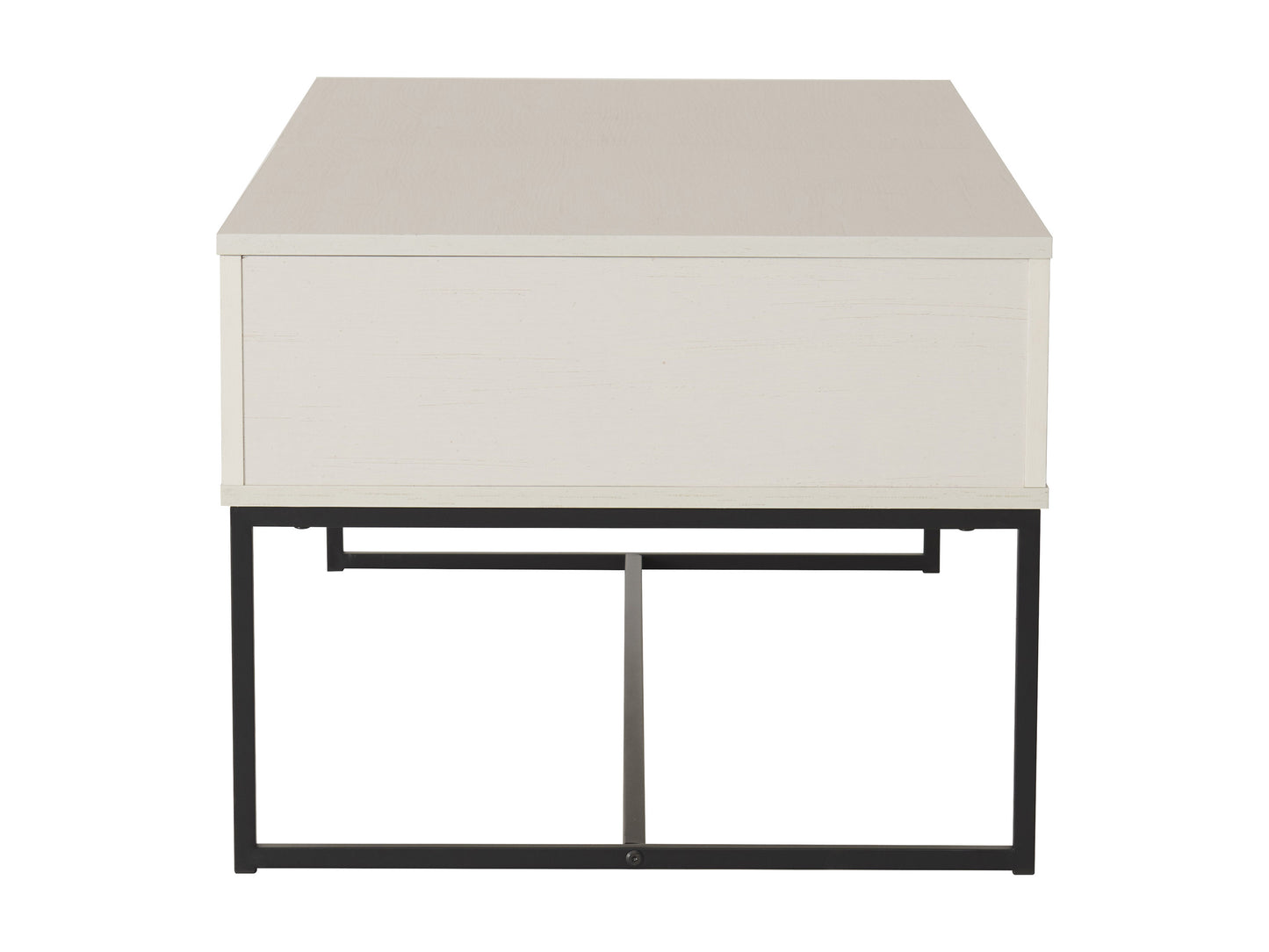 White lift top coffee table with storage, wooden construction, sleek modern design, and metal hardware. Ideal for living rooms, offering functionality with hidden compartments and a clean, minimalist aesthetic.