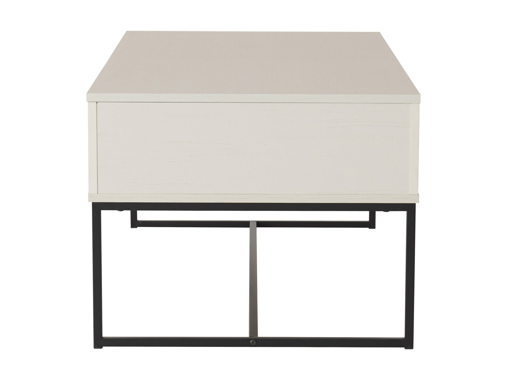 White lift top coffee table with storage, wooden construction, sleek modern design, and metal hardware. Ideal for living rooms, offering functionality with hidden compartments and a clean, minimalist aesthetic.