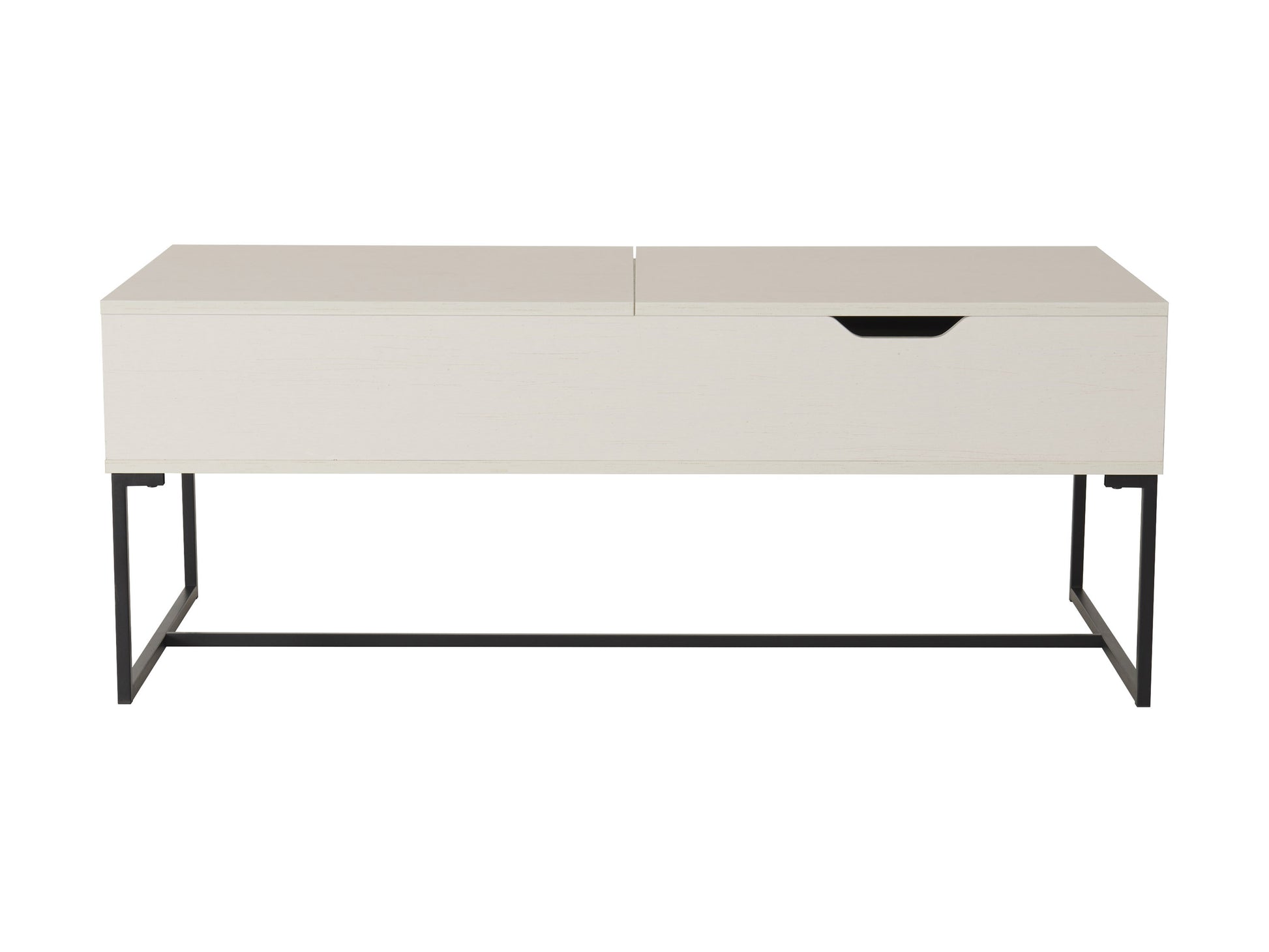 Modern wooden coffee table with sleek black metal legs, rectangular oak tabletop, and minimalist design perfect for contemporary living rooms.