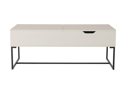 Modern wooden coffee table with sleek black metal legs, rectangular oak tabletop, and minimalist design perfect for contemporary living rooms.