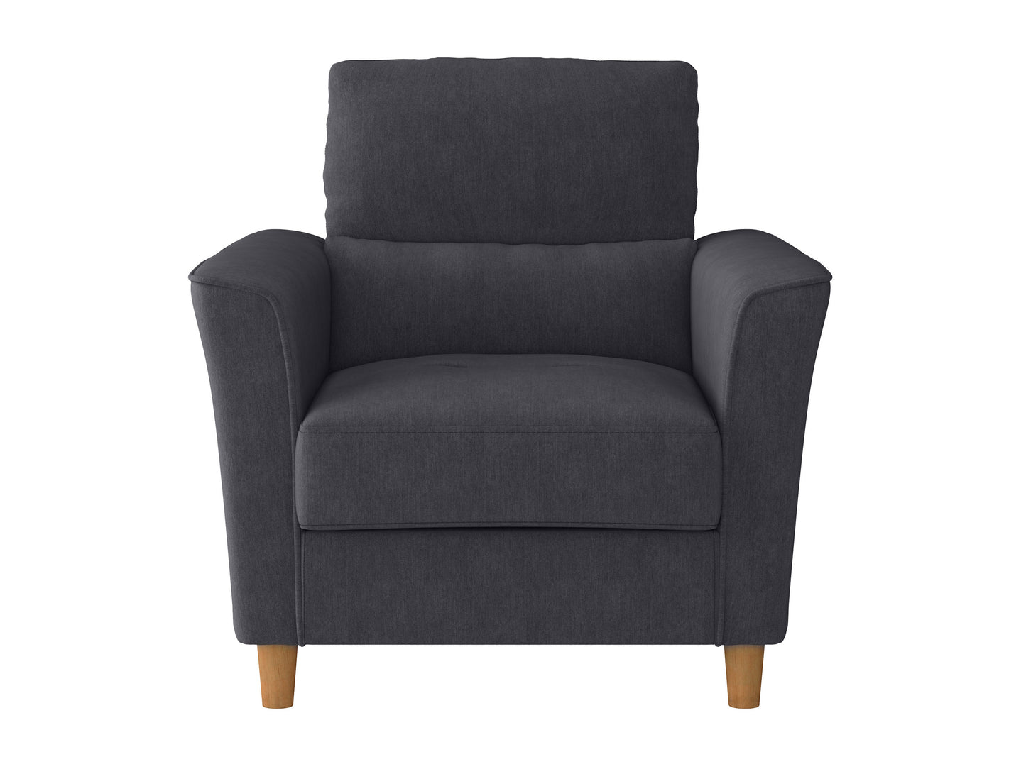 Modern arm chair with sleek gray upholstery, wooden armrests, and black metal legs. Ideal for contemporary living rooms or offices.