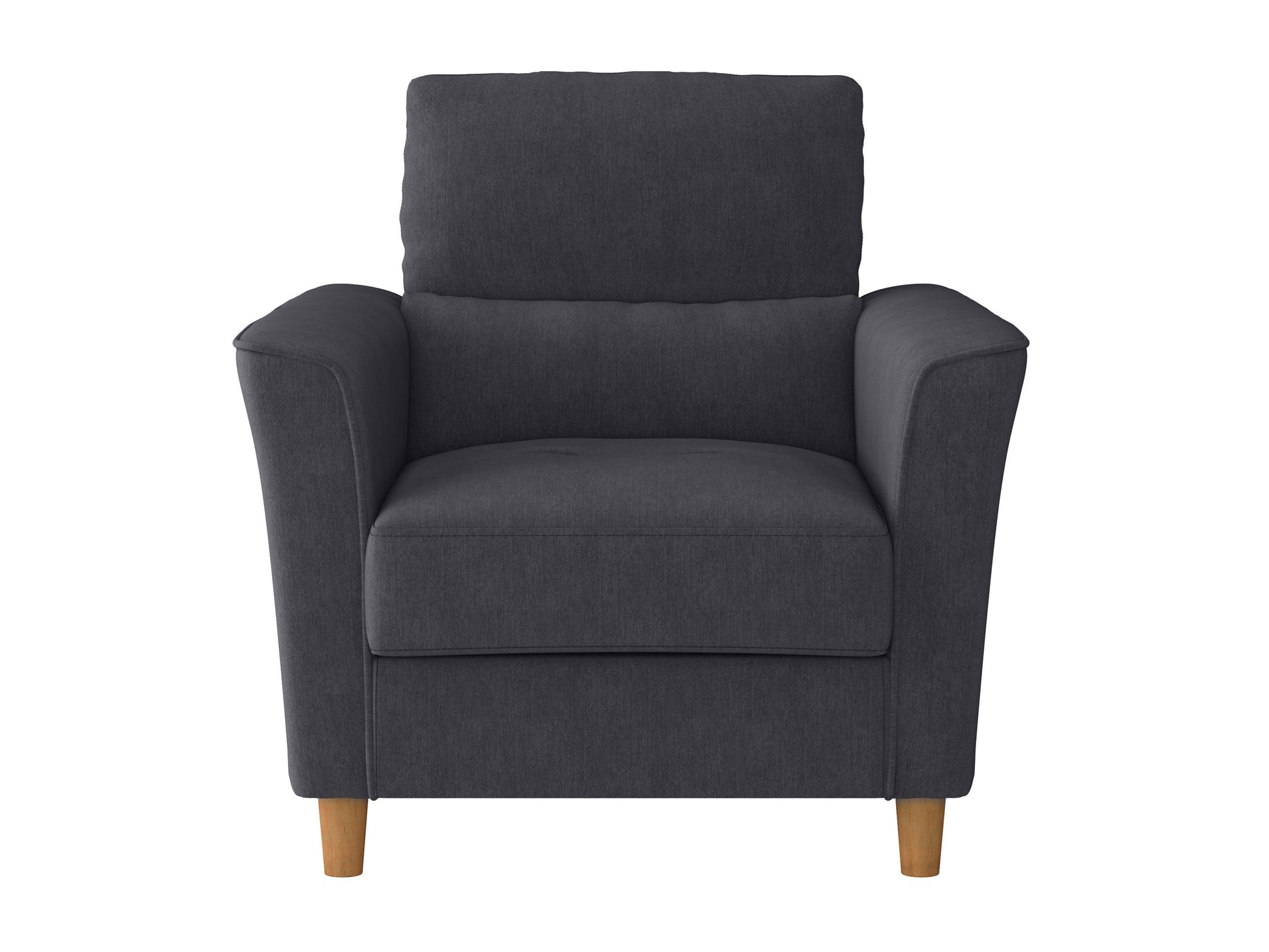 Modern arm chair with sleek gray upholstery, wooden armrests, and black metal legs. Ideal for contemporary living rooms or offices.