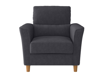 Modern arm chair with sleek gray upholstery, wooden armrests, and black metal legs. Ideal for contemporary living rooms or offices.