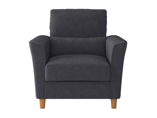 Modern arm chair with sleek gray upholstery, wooden armrests, and black metal legs. Ideal for contemporary living rooms or offices.