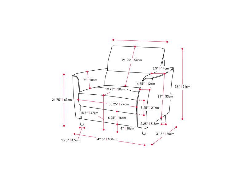 dark grey Chair and a Half Caroline Collection measurements diagram by CorLiving