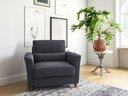 Modern gray armchair with wooden legs, upholstered in soft fabric, featuring a cushioned seat and backrest for comfort, perfect for contemporary living rooms or office spaces.