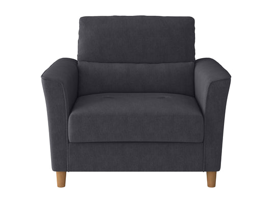 Blue upholstered armchair with plush cushions, wooden legs, and a wide, comfortable seat designed for relaxation.